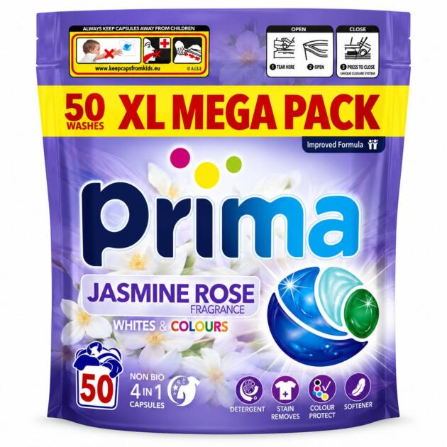 Prima 50 Washing Pods Jasmine Rose 4-1 non bio White & Colours