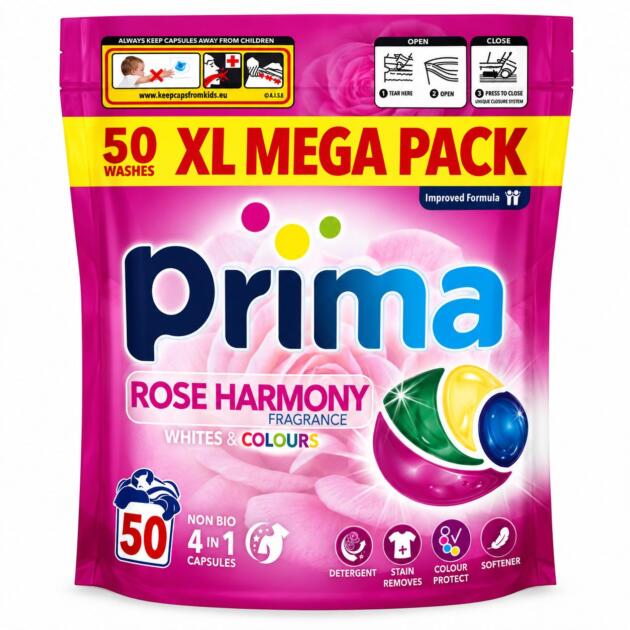 Prima 50 Washing Pods Rose Harmony 4-1 non bio White & Colours