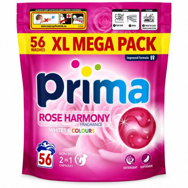 Prima 56 Washing Pods Rose Harmony 2-1 non bio White & Colours